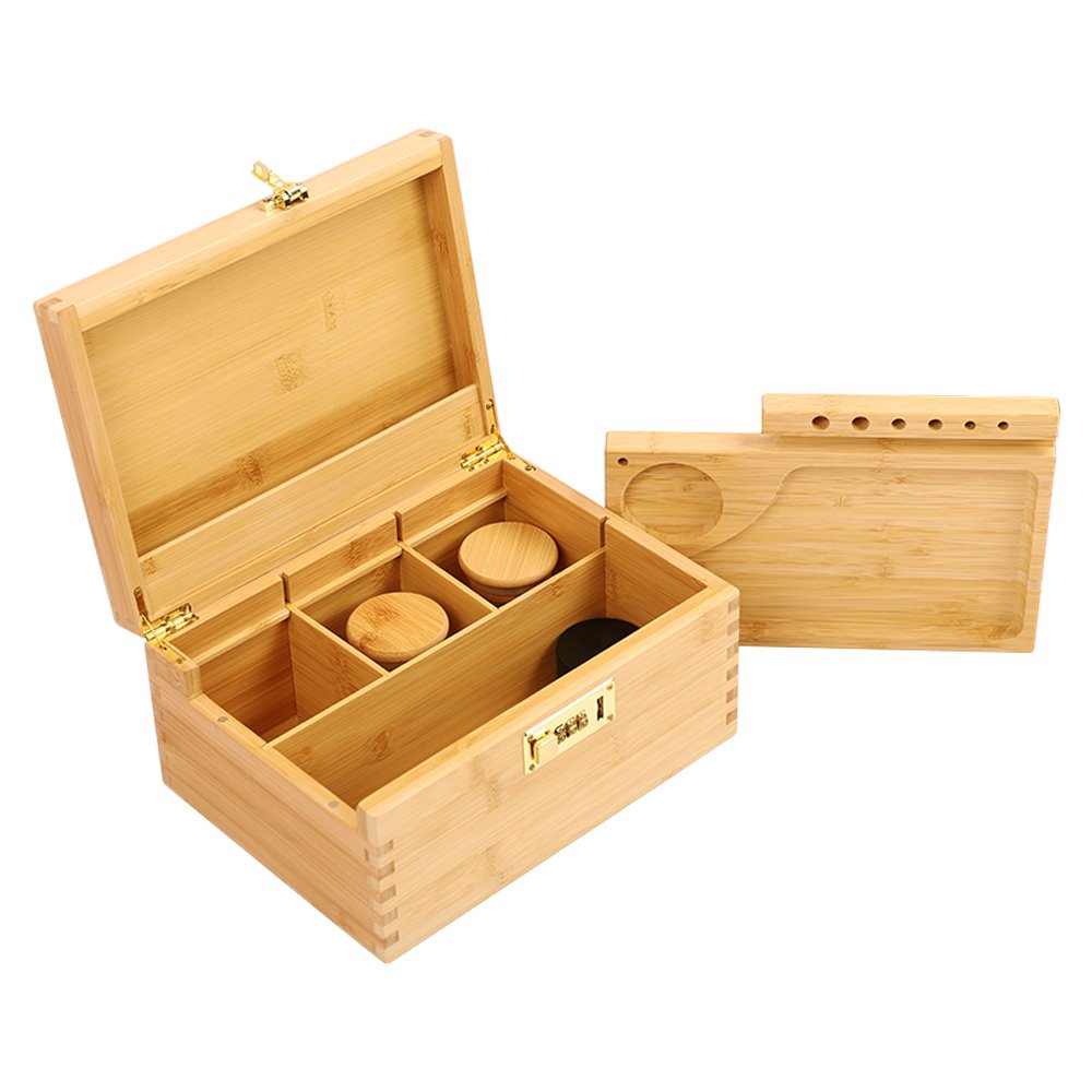 natural bamboo stash box smell proof,large wooden herb stash box set combo with rolling tray and password lock