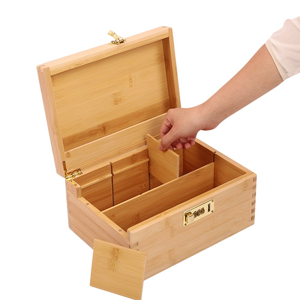 natural bamboo stash box smell proof,large wooden herb stash box set combo with rolling tray and password lock