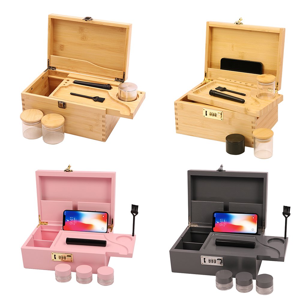 natural bamboo stash box smell proof,large wooden herb stash box set combo with rolling tray and password lock