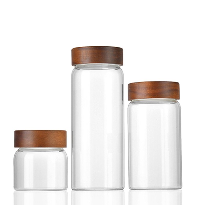 Wholesale Kitchen Borosilicate Glass Airtight Food Storage Container with Acacia wood lid Round Clear Glass Jar Pantry Organizer