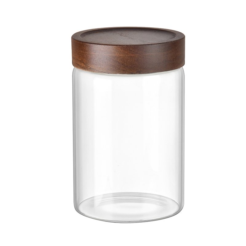 Wholesale Kitchen Borosilicate Glass Airtight Food Storage Container with Acacia wood lid Round Clear Glass Jar Pantry Organizer