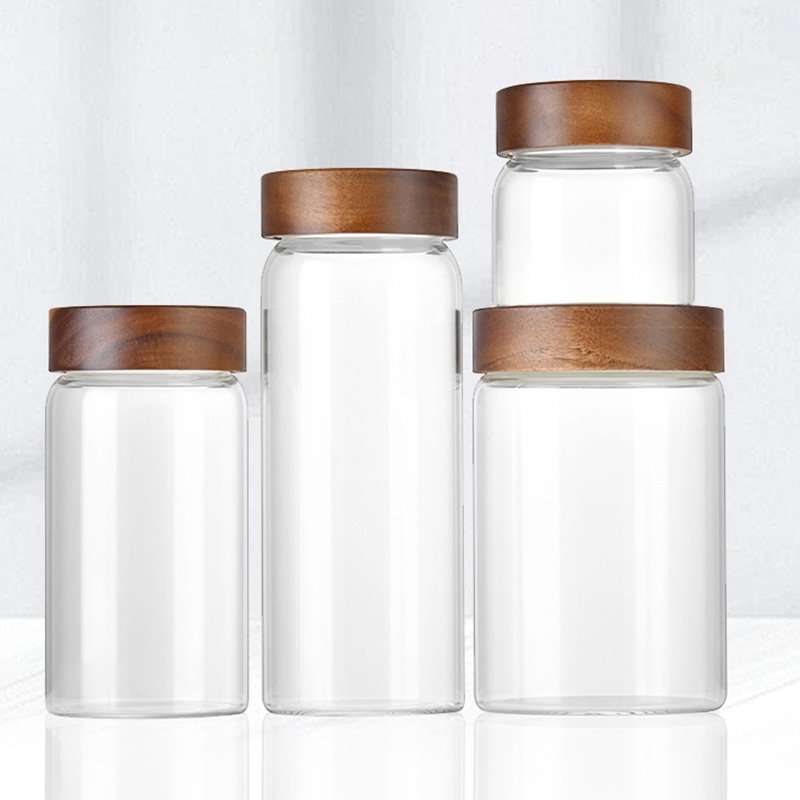 Wholesale Kitchen Borosilicate Glass Airtight Food Storage Container with Acacia wood lid Round Clear Glass Jar Pantry Organizer