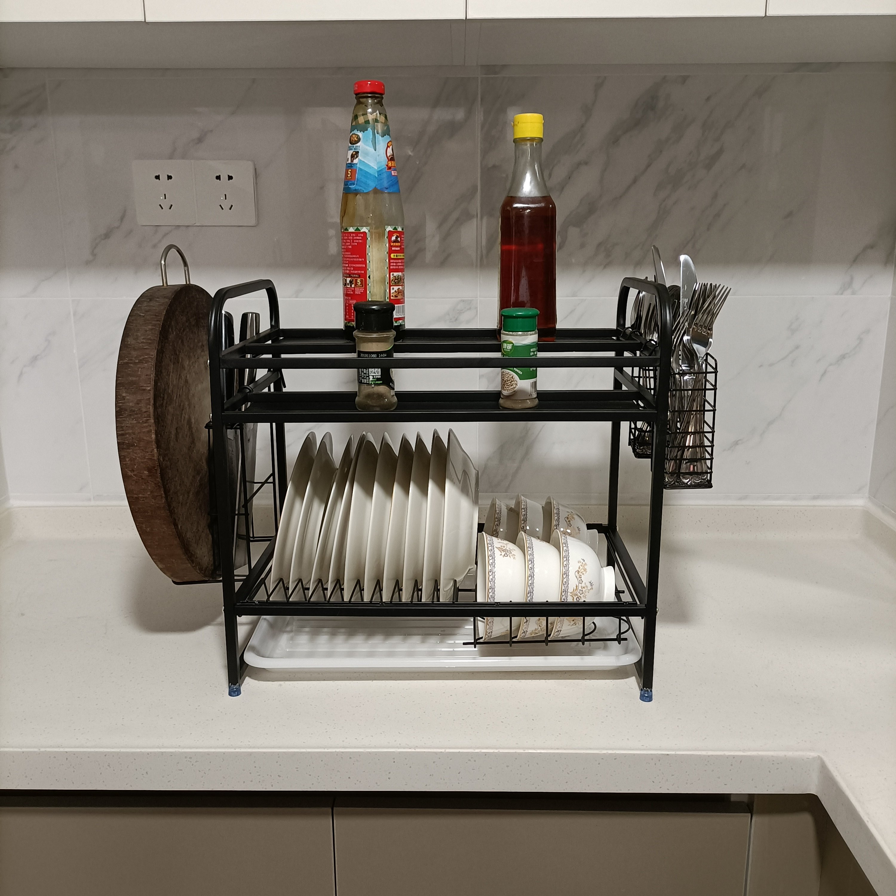 2 Tier Compact Kitchen Dish Drainer Rack Stainless Steel Rust-Proof Dish Drainer with Utensil Holder Cutting Board Holder