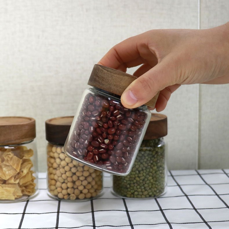 Heat Resistant Candy Foods Wooden Lid Air Tight Storage Containers Acacia Spice Jar 180ml