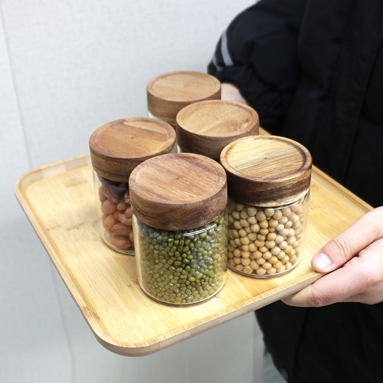 Heat Resistant Candy Foods Wooden Lid Air Tight Storage Containers Acacia Spice Jar 180ml