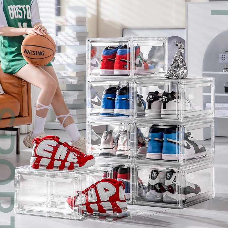 Acrylic Clear Giant Shoe Case Sneaker Storage Box Transparent Stackable AJ Magnetic Shoe Boxes Drop Side Lady Men's Shoe Box