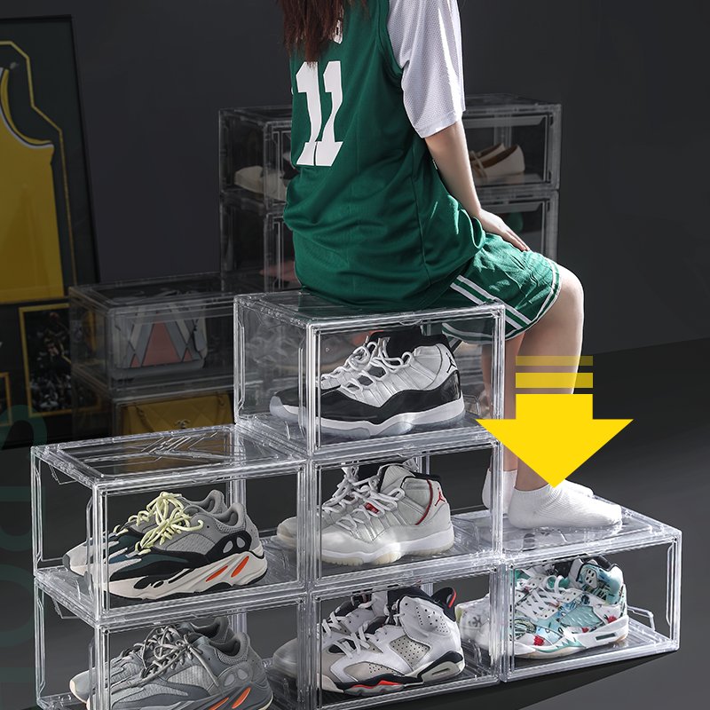 Acrylic Clear Giant Shoe Case Sneaker Storage Box Transparent Stackable AJ Magnetic Shoe Boxes Drop Side Lady Men's Shoe Box