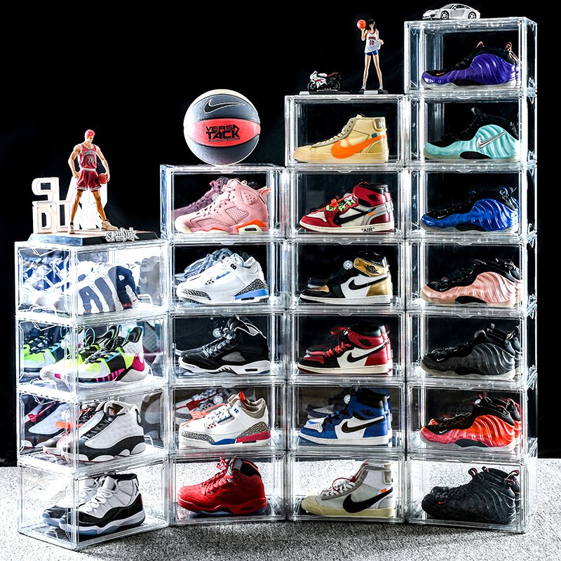 Acrylic Clear Giant Shoe Case Sneaker Storage Box Transparent Stackable AJ Magnetic Shoe Boxes Drop Side Lady Men's Shoe Box