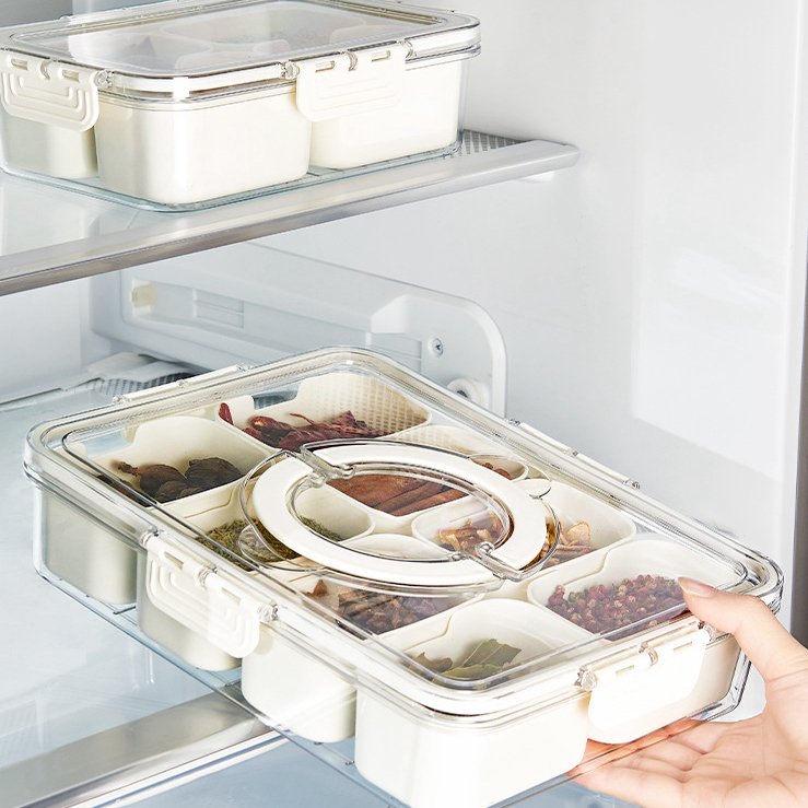 Fridge Food Organizer Dustproof Snack Platters Picnic Charcuterie Container Sealed Seasoning Spice Storage Box With Divider