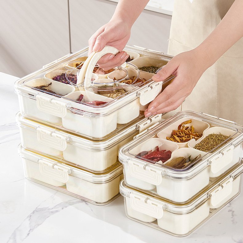 Fridge Food Organizer Dustproof Snack Platters Picnic Charcuterie Container Sealed Seasoning Spice Storage Box With Divider