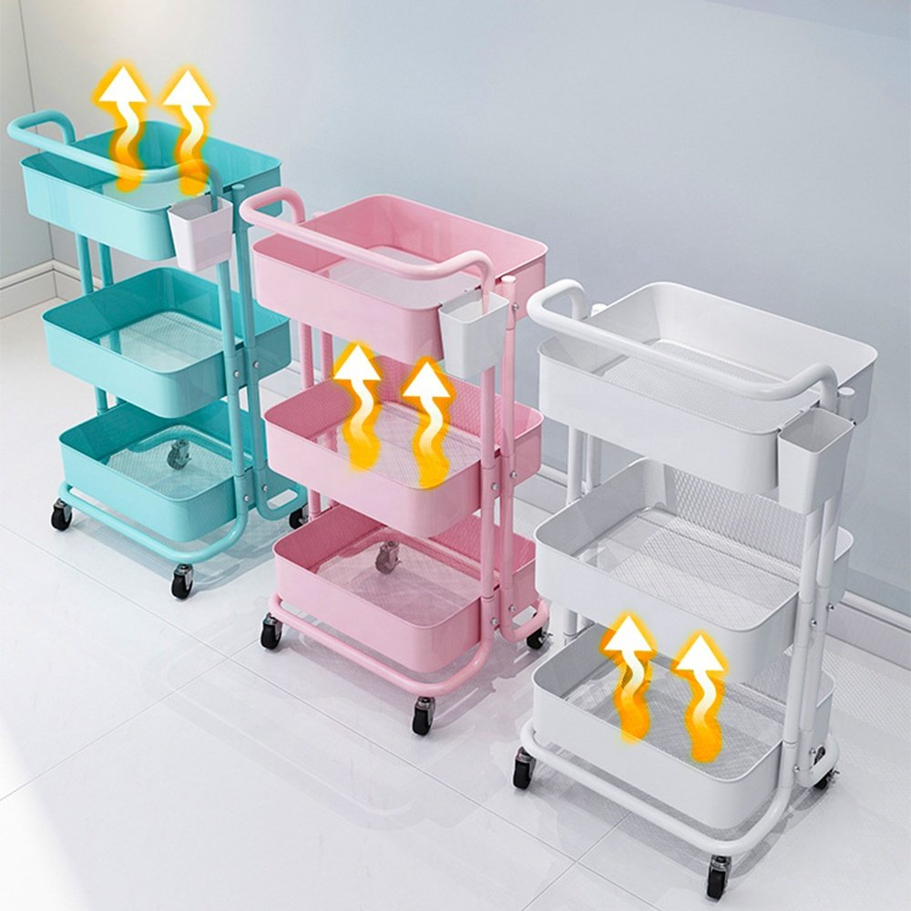 GRS storage rack shelf island mobile dish book mesh basket hooks laundry food bar hot sale 3 tier home with kitchen cart