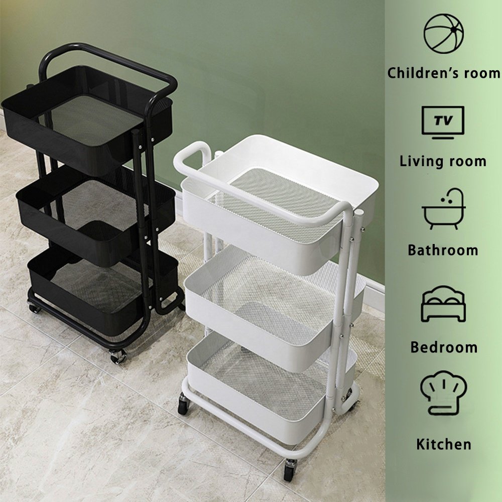 GRS storage rack shelf island mobile dish book mesh basket hooks laundry food bar hot sale 3 tier home with kitchen cart