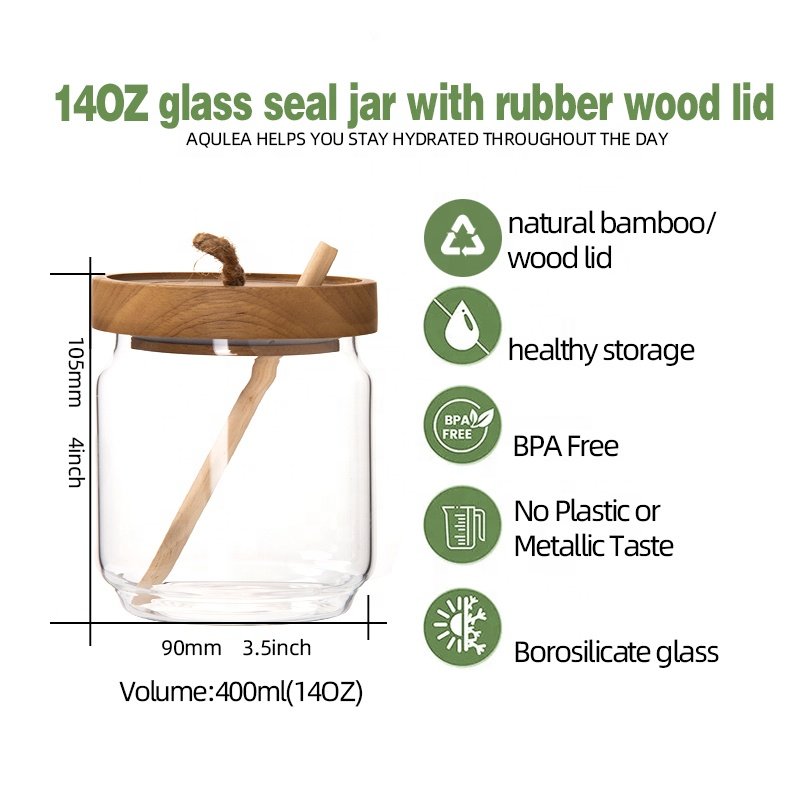 Stocked kitchen borosilicate glass storage jar with sealed bamboo wood lid kitchen food storage container