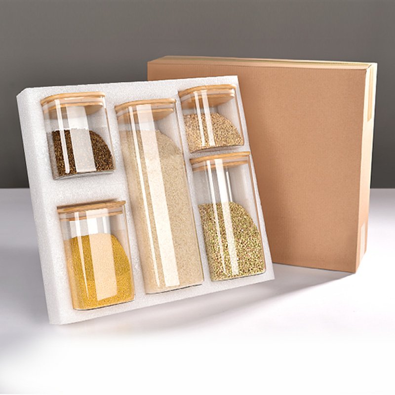 Hot Selling Platform Stackable Kitchen Canisters Set Pack Of 5 Glass Food Storage Jars Containers With Airtight Bamboo Lids