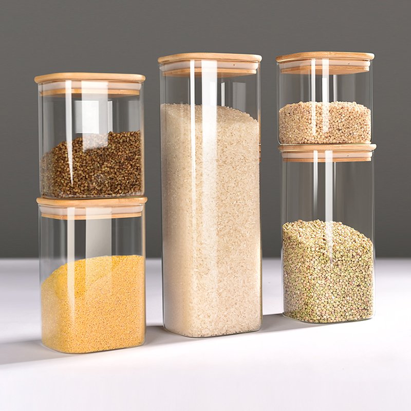 Hot Selling Platform Stackable Kitchen Canisters Set Pack Of 5 Glass Food Storage Jars Containers With Airtight Bamboo Lids