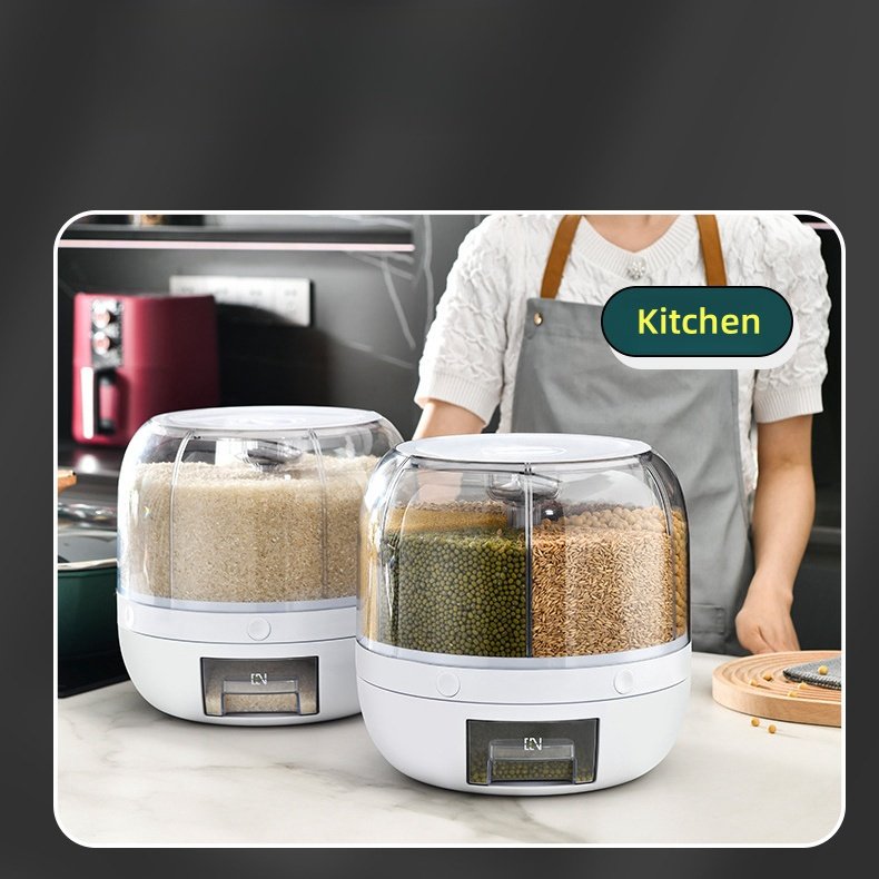 6-Grid Rotating Food Grain Dispenser Moisture-Proof Rice Container Dispenser Insect-proof Sealed Rice Storage Box for Kitchen