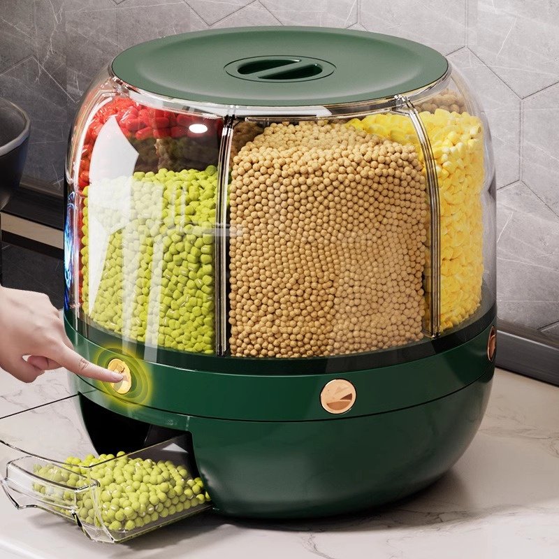 6-Grid Rotating Food Grain Dispenser Moisture-Proof Rice Container Dispenser Insect-proof Sealed Rice Storage Box for Kitchen