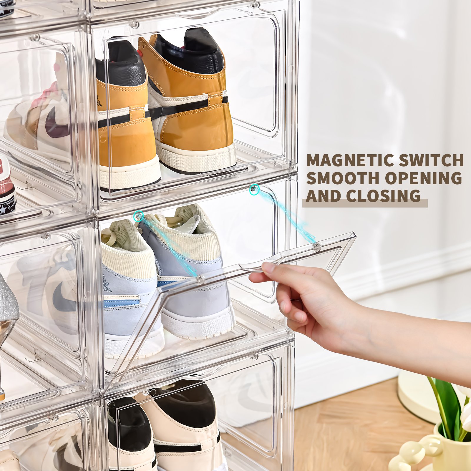 Fashion PET drop front easy assembly large shoe case magnetic clear plastic stackable shoe box storage