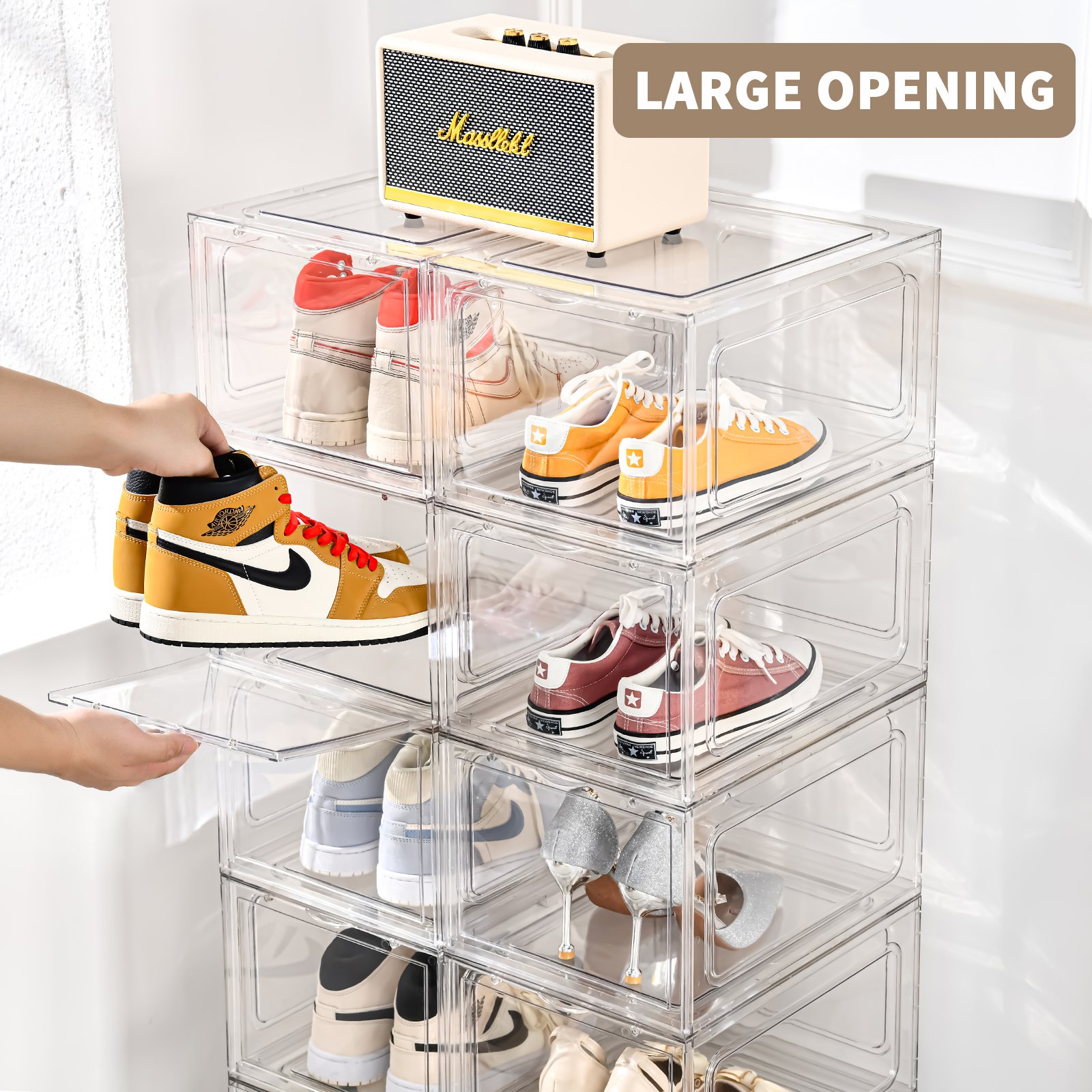 Fashion PET drop front easy assembly large shoe case magnetic clear plastic stackable shoe box storage