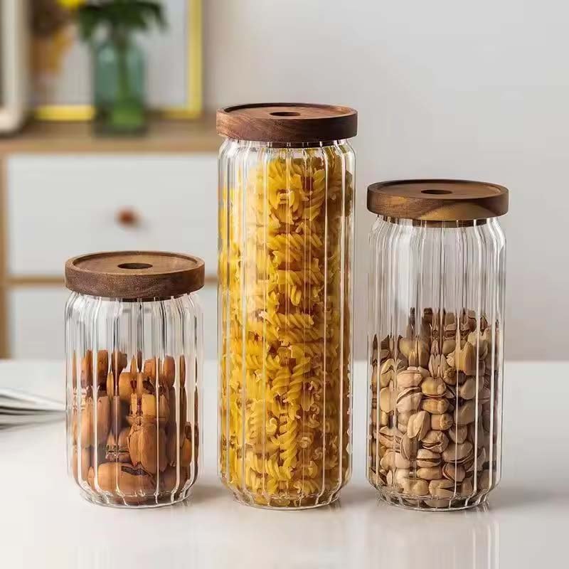 Wholesale Multiple Specifications Handmade Borosilicate Glass Food Storage Jar With Acacia Wooden Lid Kitchen Sealed Canisters