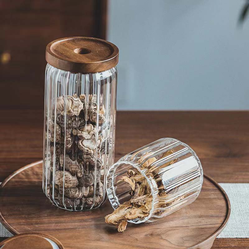 Wholesale Multiple Specifications Handmade Borosilicate Glass Food Storage Jar With Acacia Wooden Lid Kitchen Sealed Canisters