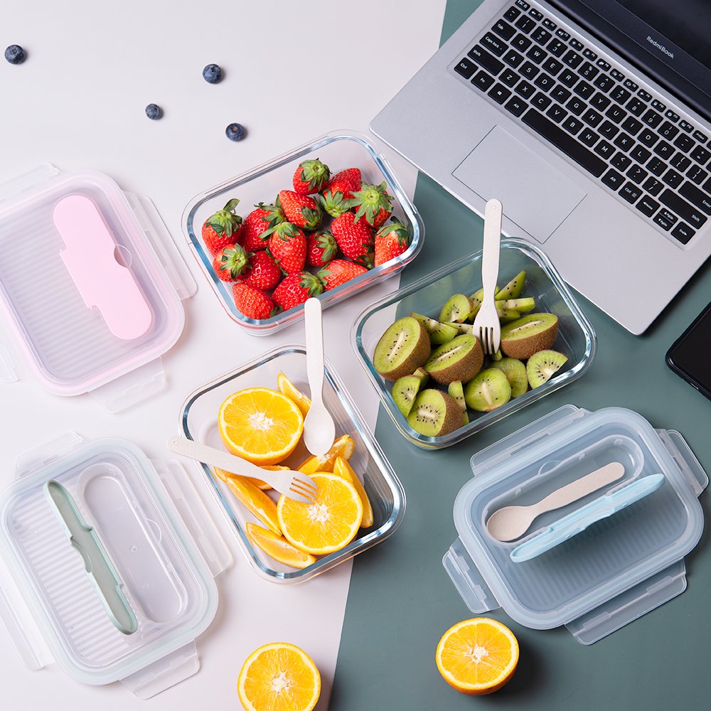 Hot Selling Glass Food Storage Container Set With Bpa Free Pp Lid With Fork And Spoon Microwave Cookware