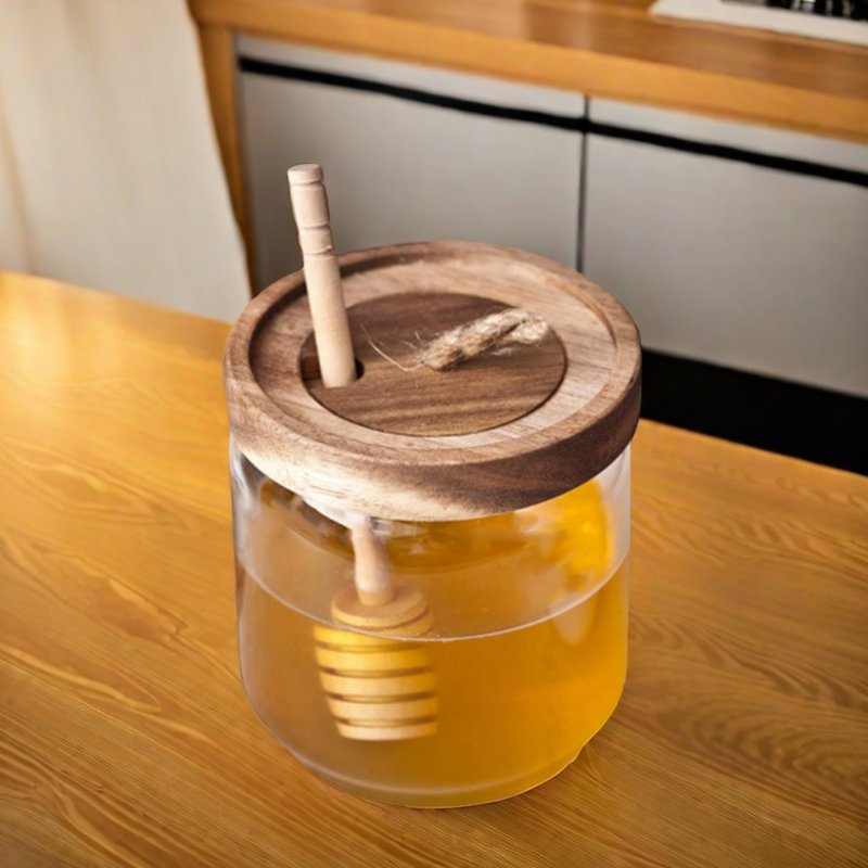 Glass Honey Jar Container Holder with Wooden Acacia Lid and Dipper high quality Glass Food Storage Jar For home kitchens