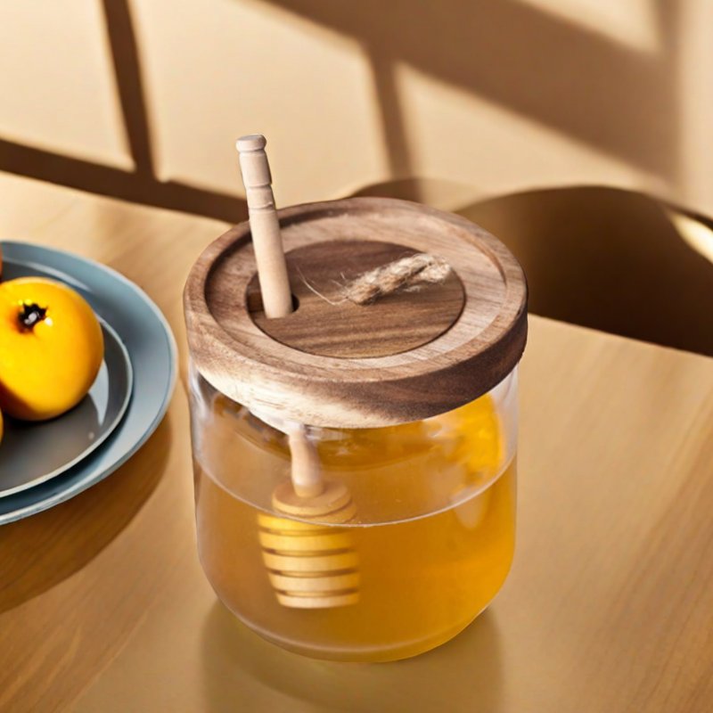 Glass Honey Jar Container Holder with Wooden Acacia Lid and Dipper high quality Glass Food Storage Jar For home kitchens