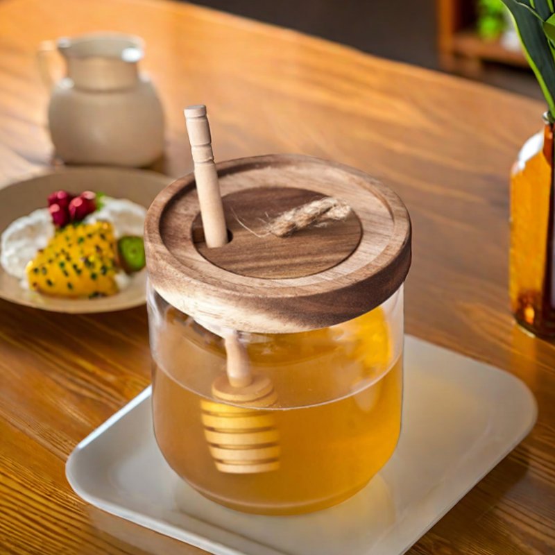 Glass Honey Jar Container Holder with Wooden Acacia Lid and Dipper high quality Glass Food Storage Jar For home kitchens