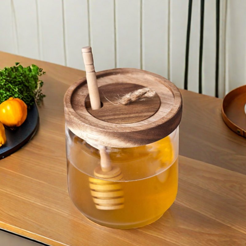 Glass Honey Jar Container Holder with Wooden Acacia Lid and Dipper high quality Glass Food Storage Jar For home kitchens