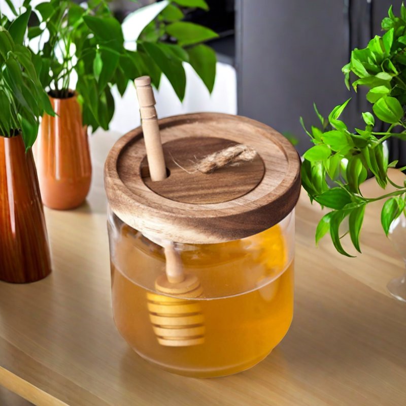 Glass Honey Jar Container Holder with Wooden Acacia Lid and Dipper high quality Glass Food Storage Jar For home kitchens