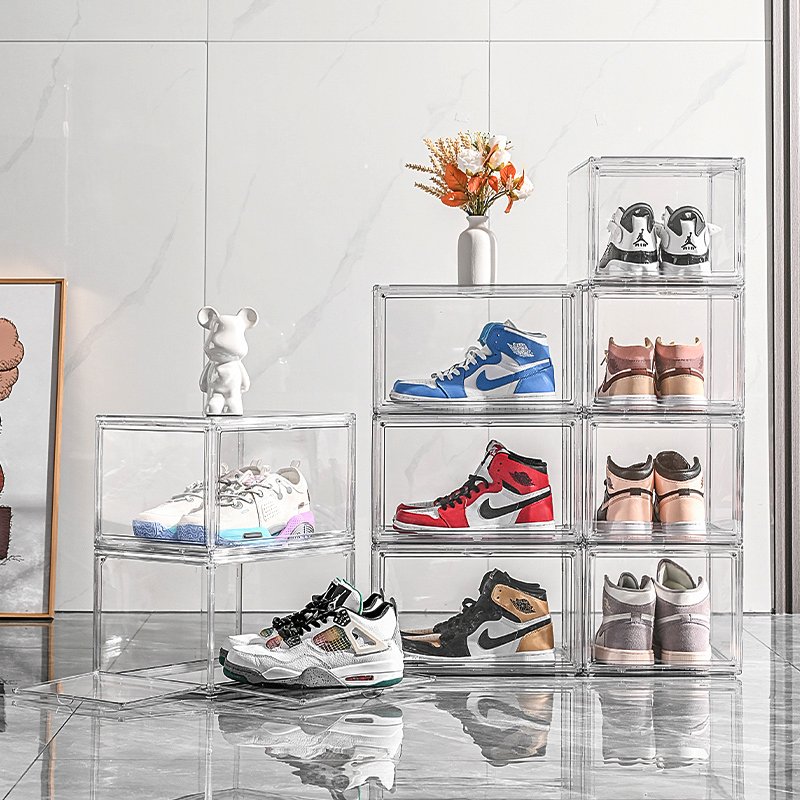 Odyhome DS135 Drop Front Steady Stackable Simple Assemble Custom Sneakers Box Foldable Clear Shoe Storage Box With Magnetic Door