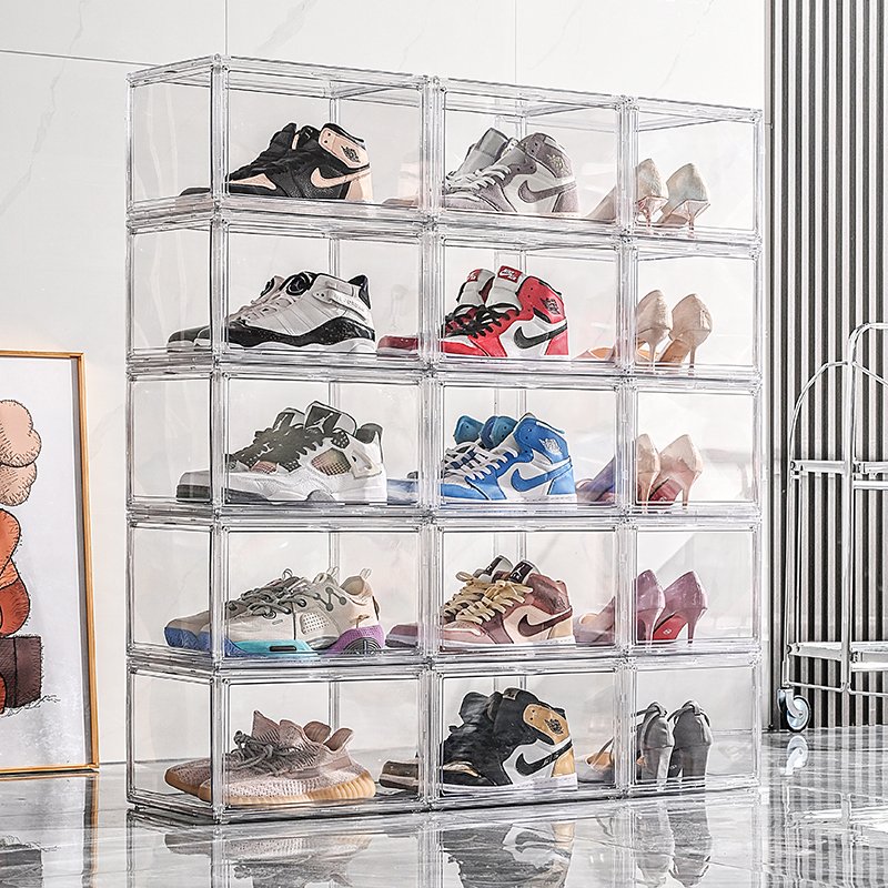 Odyhome DS135 Drop Front Steady Stackable Simple Assemble Custom Sneakers Box Foldable Clear Shoe Storage Box With Magnetic Door