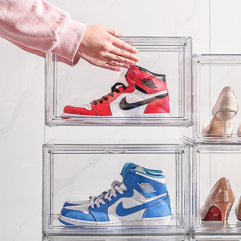 Odyhome DS135 Drop Front Steady Stackable Simple Assemble Custom Sneakers Box Foldable Clear Shoe Storage Box With Magnetic Door