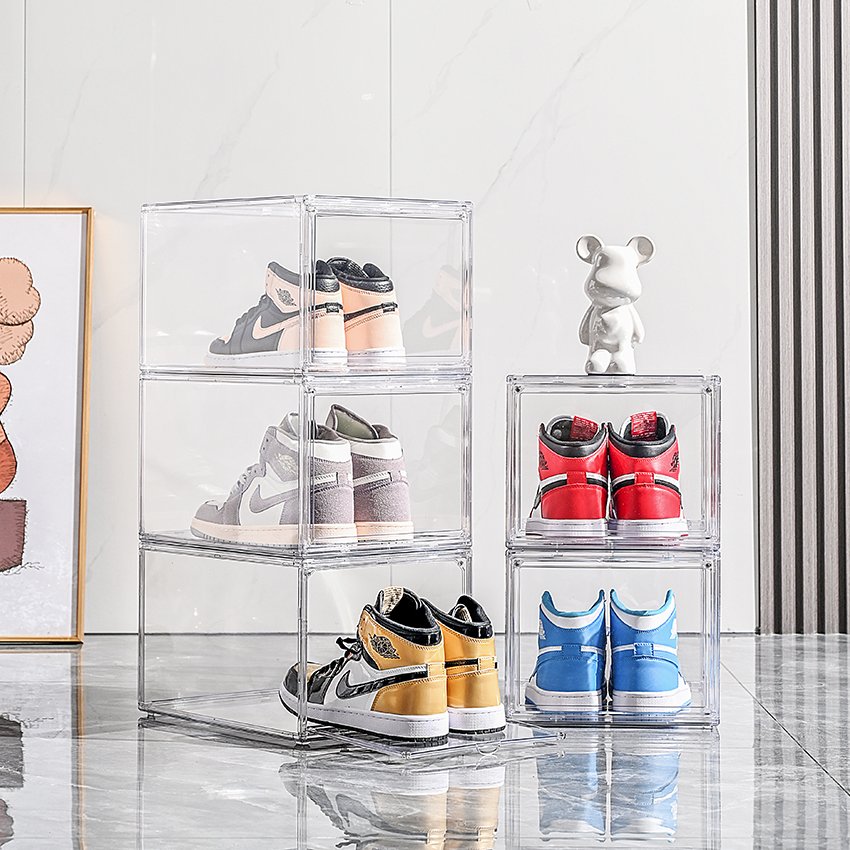 Odyhome DS135 Drop Front Steady Stackable Simple Assemble Custom Sneakers Box Foldable Clear Shoe Storage Box With Magnetic Door