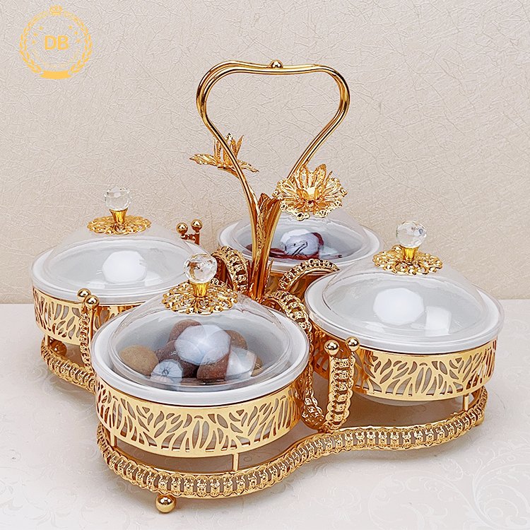 Dibei China Factory With Ceramic Bowls Nuts Food Storage Metal Golden Dry Fruit Tray