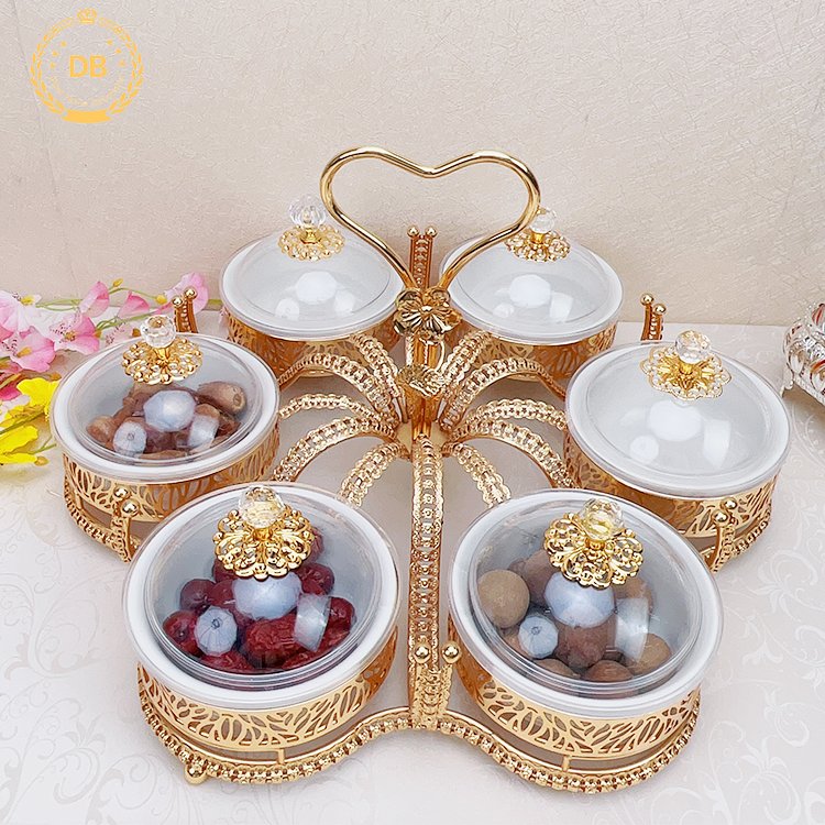 Dibei China Factory With Ceramic Bowls Nuts Food Storage Metal Golden Dry Fruit Tray