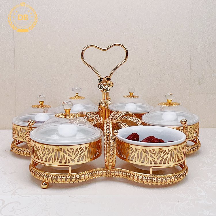 Dibei China Factory With Ceramic Bowls Nuts Food Storage Metal Golden Dry Fruit Tray