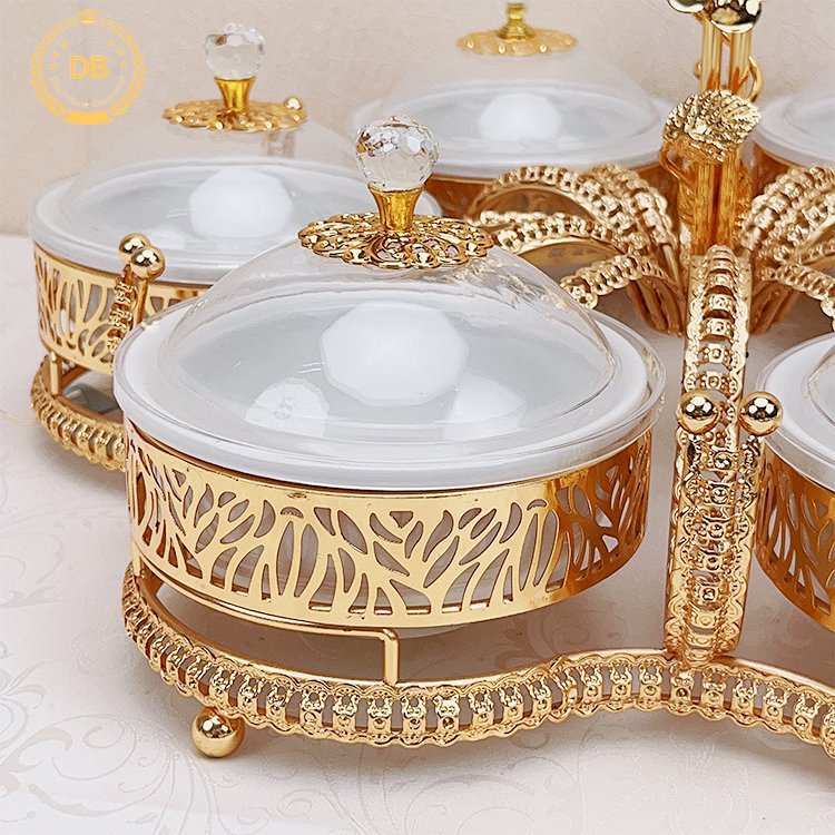 Dibei China Factory With Ceramic Bowls Nuts Food Storage Metal Golden Dry Fruit Tray