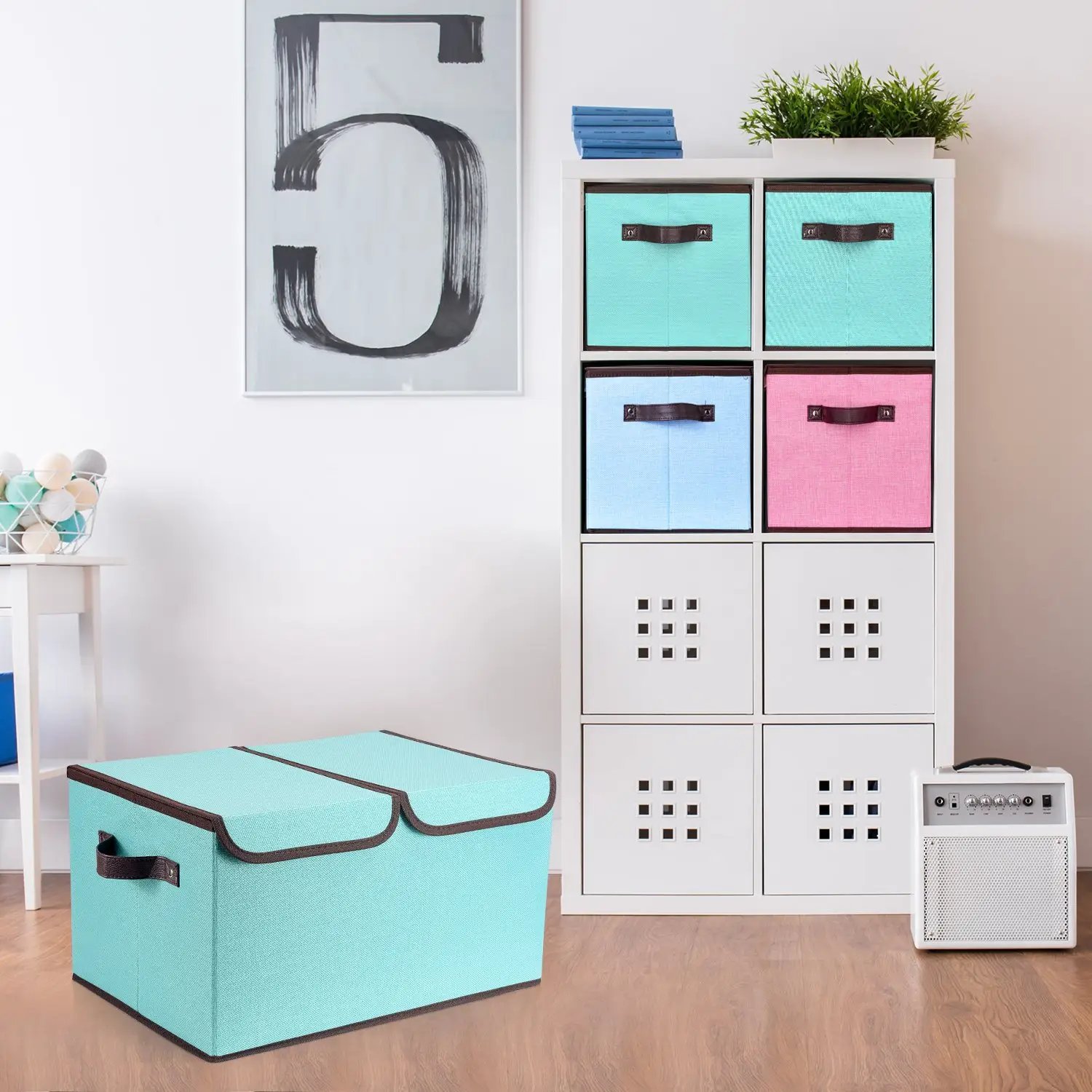 Linen Fabric Foldable Storage Box with Handle 31L Folding Closet Organizer Wardrobe Clothes Double Lid Collapsible Storage Box