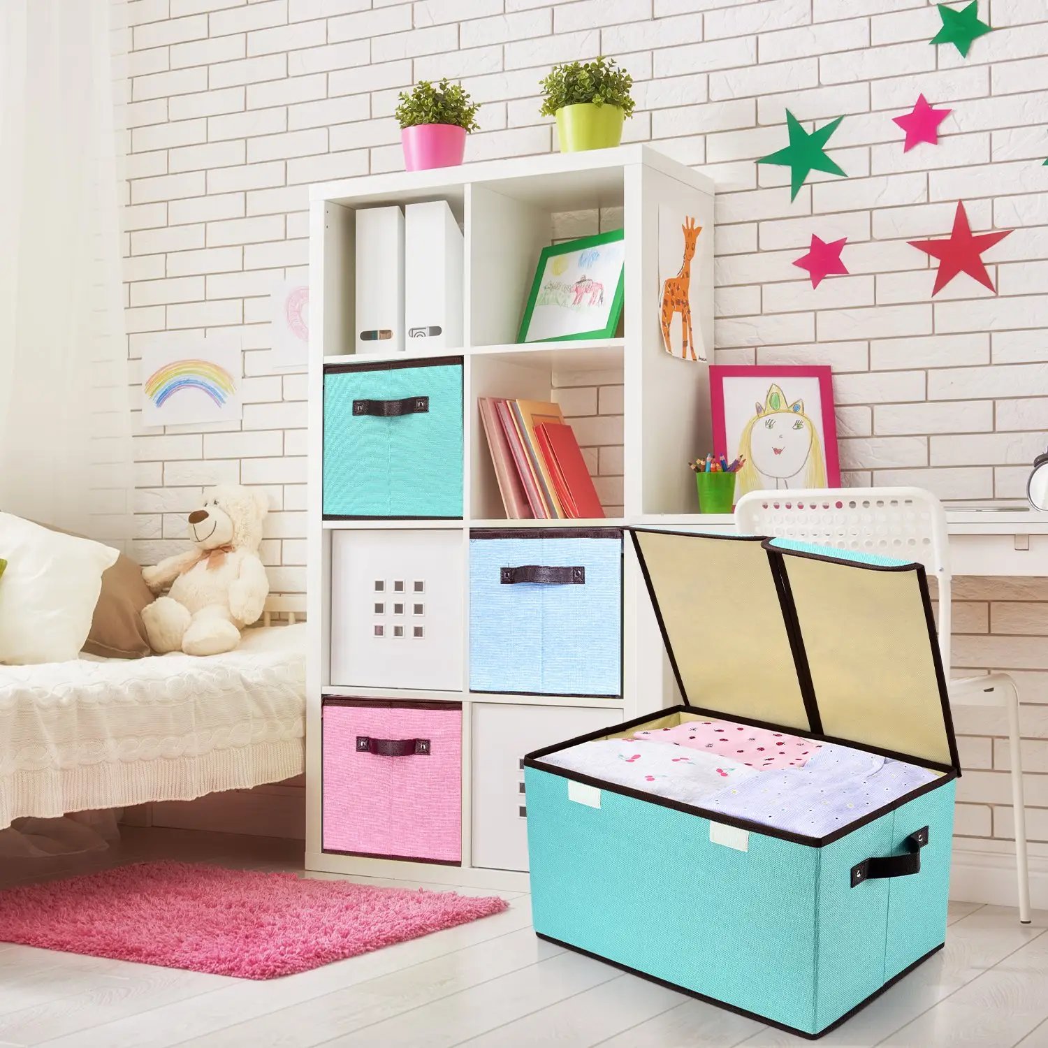 Linen Fabric Foldable Storage Box with Handle 31L Folding Closet Organizer Wardrobe Clothes Double Lid Collapsible Storage Box