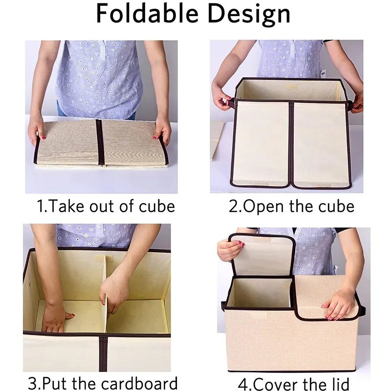 Linen Fabric Foldable Storage Box with Handle 31L Folding Closet Organizer Wardrobe Clothes Double Lid Collapsible Storage Box