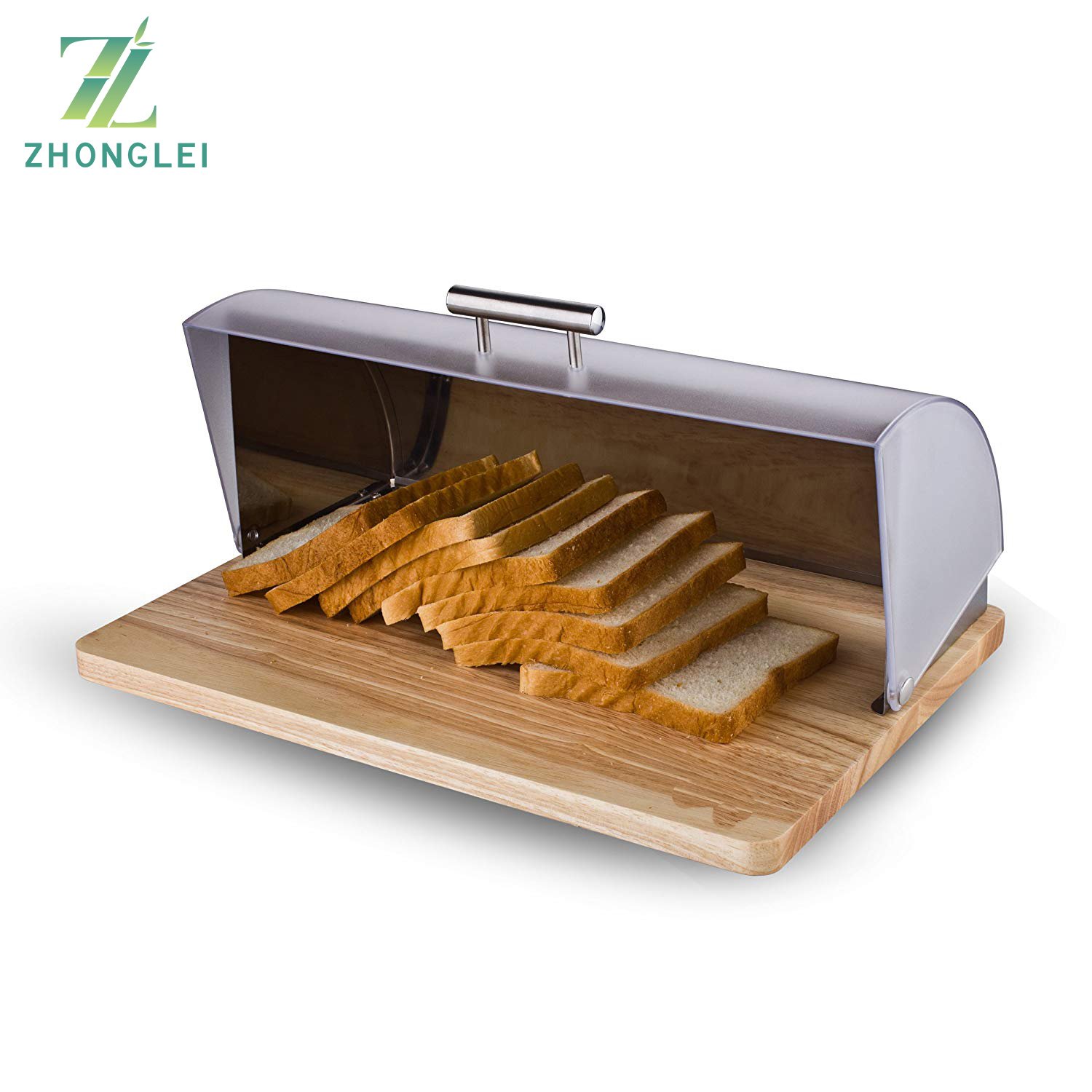 Bamboo Roll Top Bread Bin Stainless Steel Elegant bread box with Wooden Surface Silver
