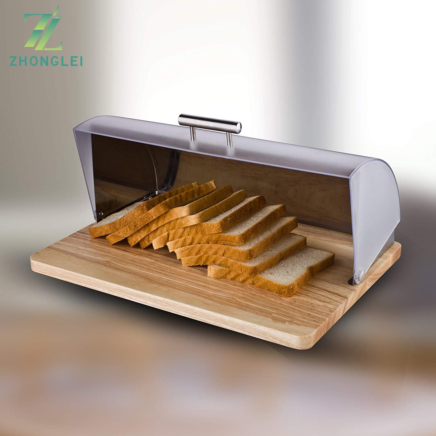 Bamboo Roll Top Bread Bin Stainless Steel Elegant bread box with Wooden Surface Silver