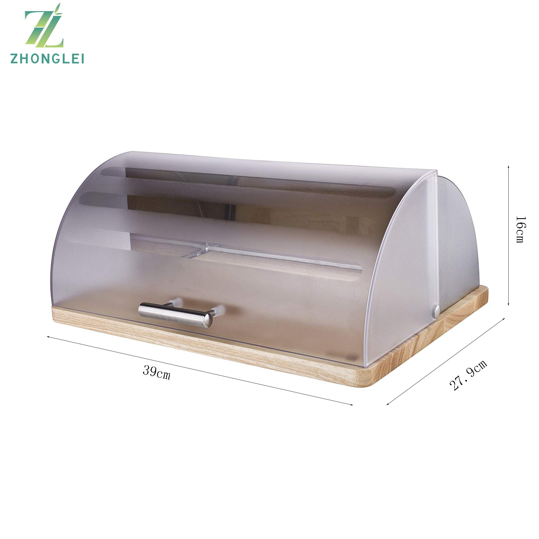Bamboo Roll Top Bread Bin Stainless Steel Elegant bread box with Wooden Surface Silver