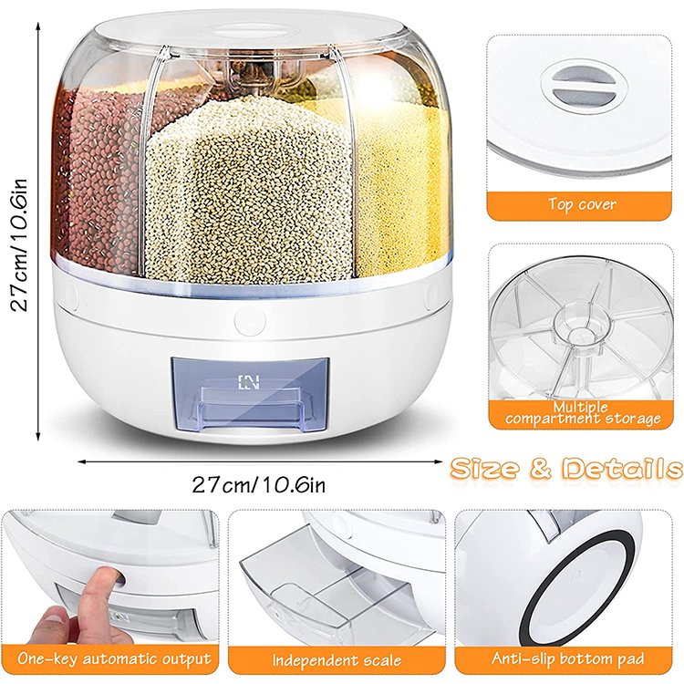 6KGS 360 degree rotating Kitchen Plastic food storage container Sealed Rice dispenser