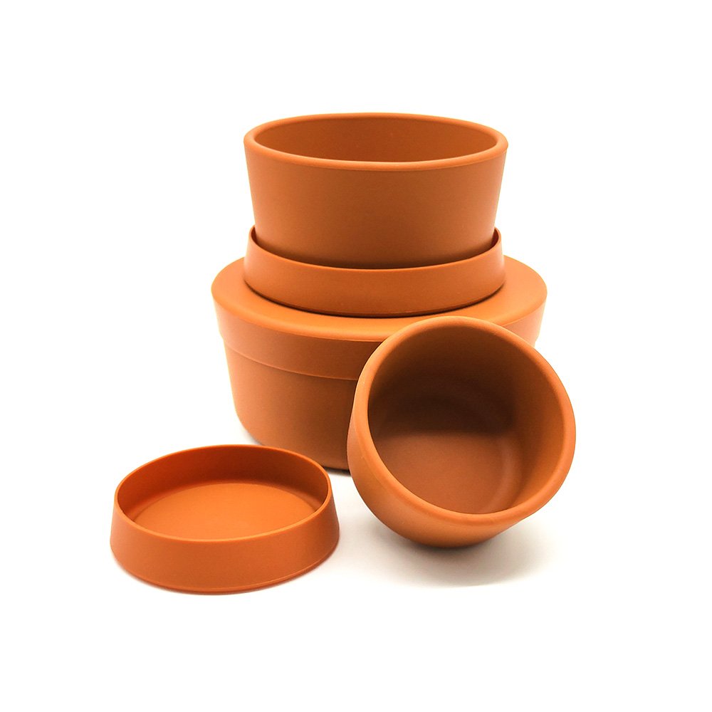 New Design Bpa Free Silicone 3 Pieces Nesting Children Snack Food Storage Container Set Bowl with Lid for Baby Kid