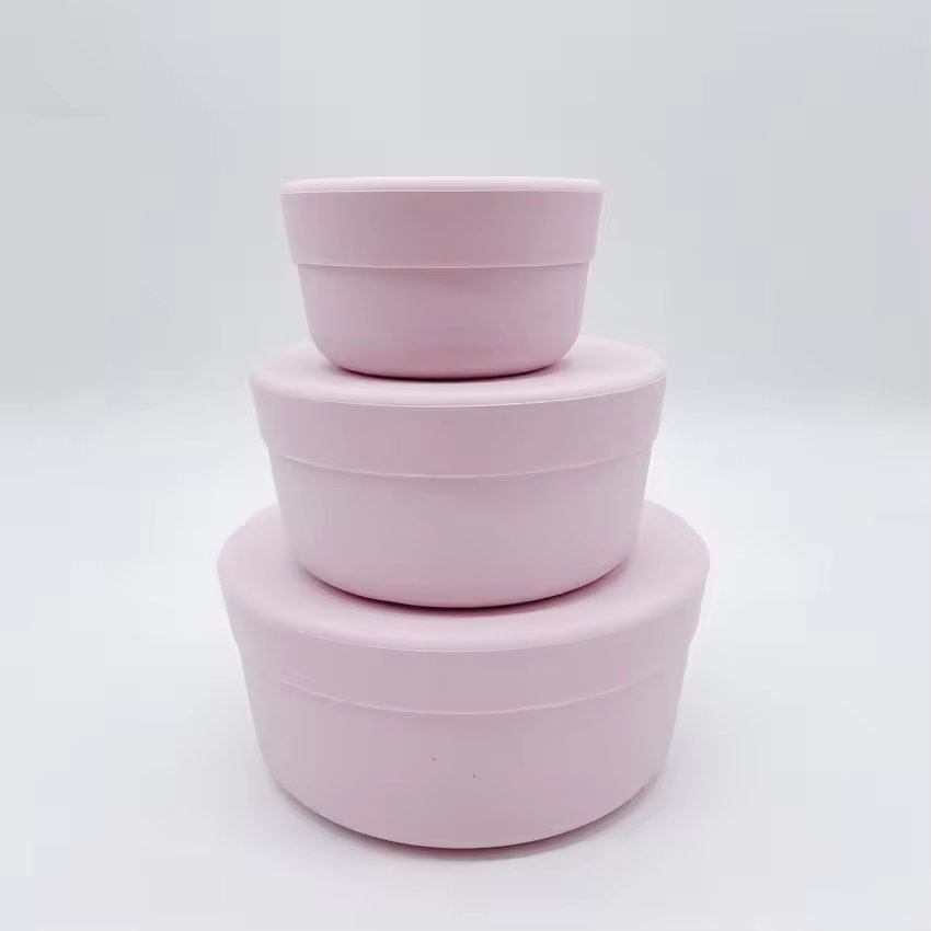New Design Bpa Free Silicone 3 Pieces Nesting Children Snack Food Storage Container Set Bowl with Lid for Baby Kid