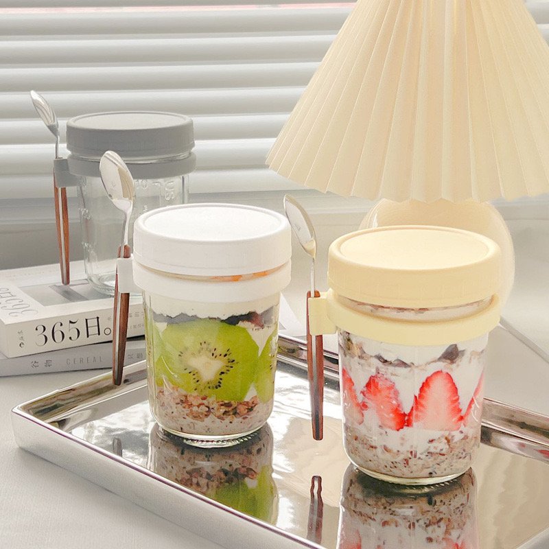 Best Sell High Quality Customized 350ml Oats Container Jar With Various Colored Silicone Lids Cover with Stainless Spoon