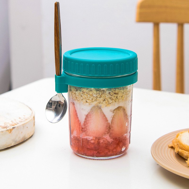 Best Sell High Quality Customized 350ml Oats Container Jar With Various Colored Silicone Lids Cover with Stainless Spoon